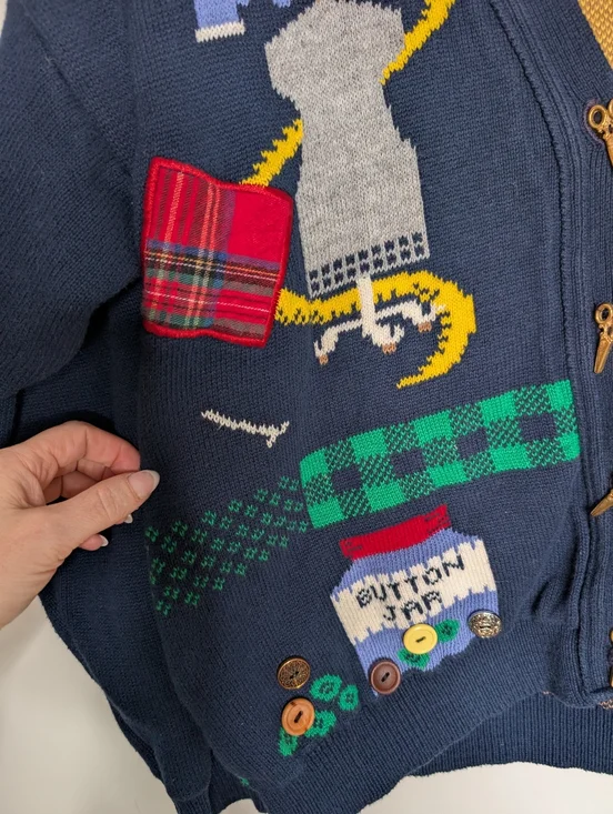 Vintage Sweater Loft Novelty Cardigan Large Sewing Craft Knit Made USA - Picture 2 of 9